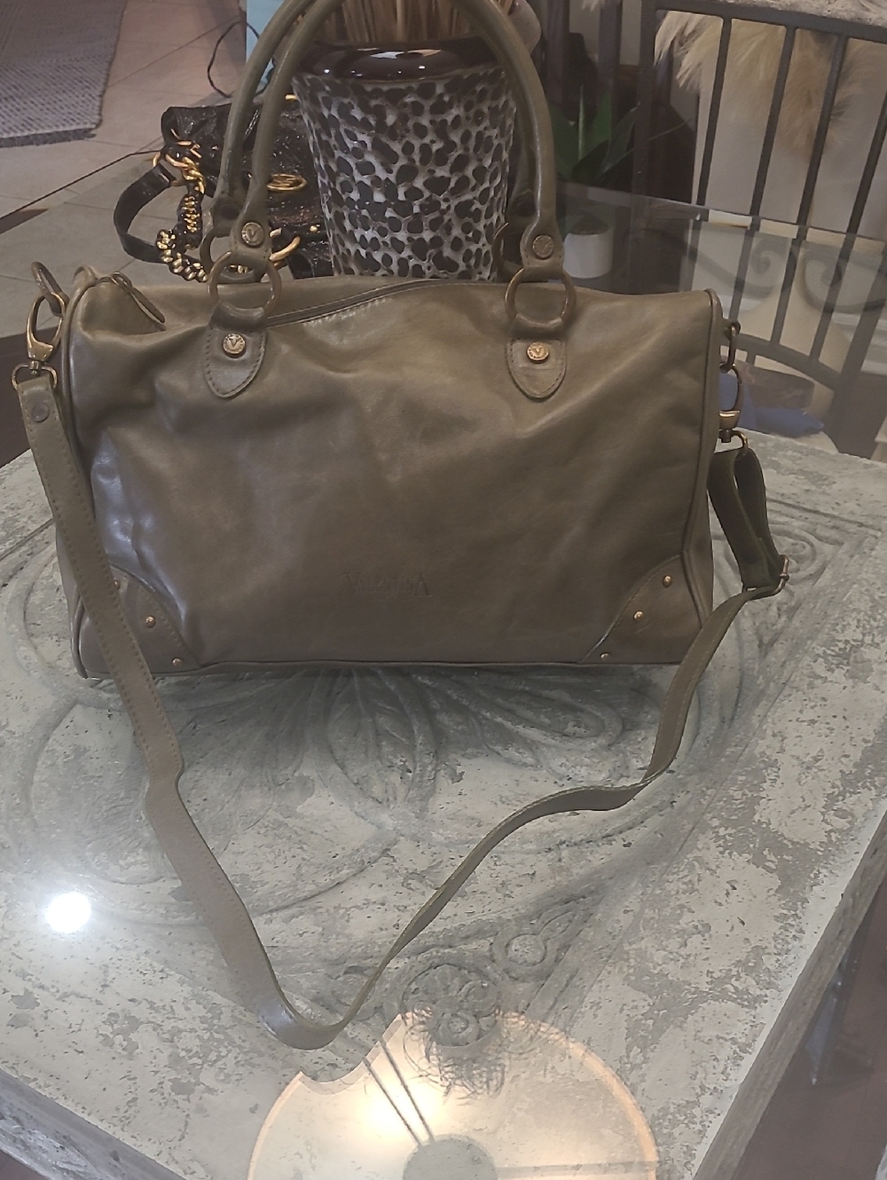 Valentina Italian Leather Vintage Bag Crossbody Purse Olive Green